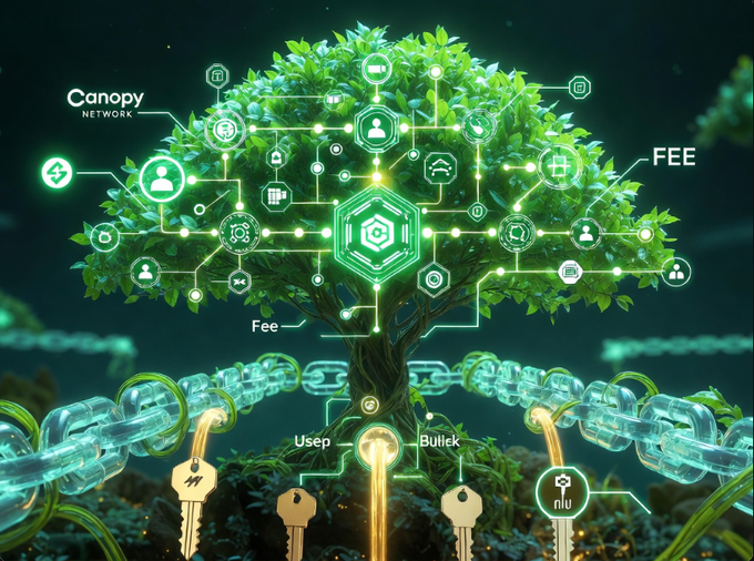 A digital artwork of a glowing green tree made of circuitry and tech icons, labeled 'Canopy Network,' with chains and keys at its roots and the word 'FEE' visible.
