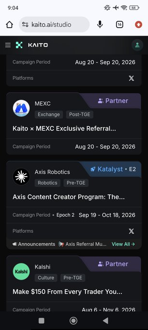 A mobile phone screenshot of a web browser on the 'kaito.ai/studio' page, showing a dark-themed list of content creator campaigns for platforms like MEXC ('Kaito × MEXC Exclusive Referral...'), Axis Robotics, and Kalshi, with various campaign periods in 2026.