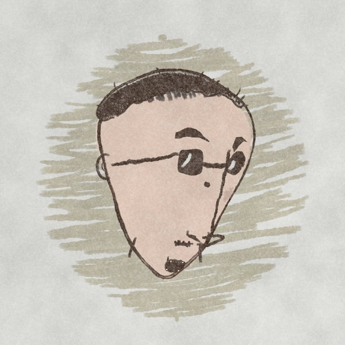 A simple, hand-drawn sketch of a face with glasses, short dark hair, and a pointed beard, set against a grey scribbled background.