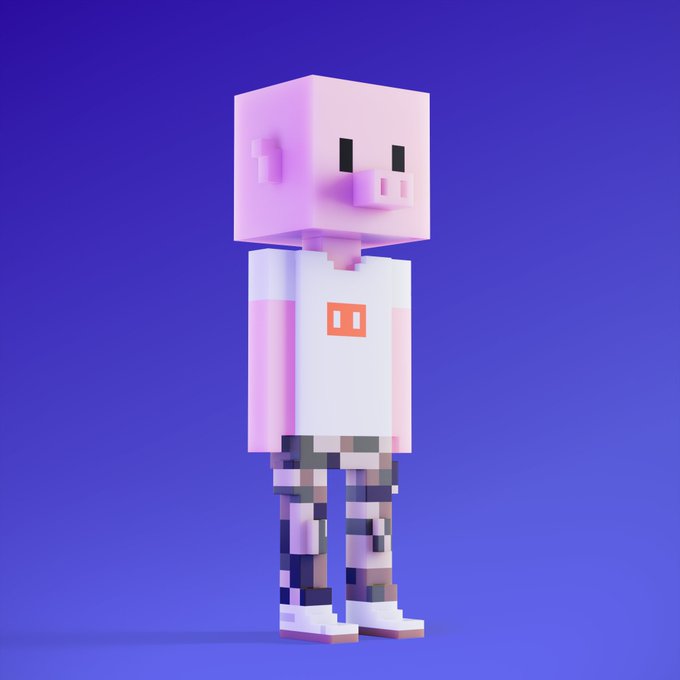 A 3D Minecraft-style character with a pink pig-like head wearing a white t-shirt and camouflage pants stands against a purple background.
