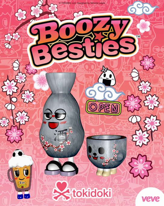 Tokidoki x Boozy Besties promotional graphic featuring kawaii-style Japanese alcohol character collectibles including a sake bottle, beer mug, and other drink characters with cherry blossom decorations on pink background.