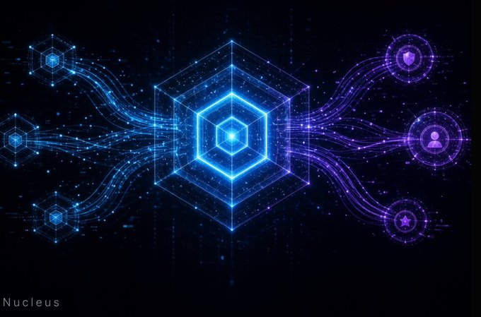 A futuristic digital graphic showing a glowing blue hexagonal 'Nucleus' connected by flowing data lines to smaller nodes, with a dark background and neon accents.