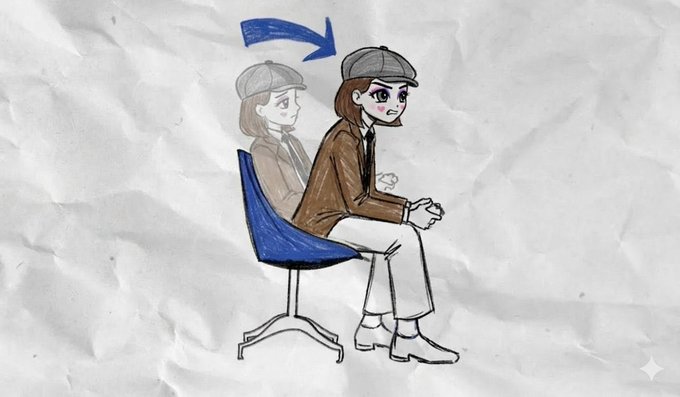 A pencil-style sketch on a crumpled paper background illustrating a seated person wearing a brown jacket and cap, with a blue arrow pointing to a second, slightly darker version of the figure sitting behind them.