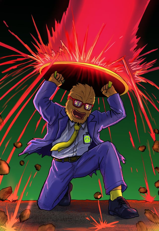 The image features an illustration of a man dressed as a character from Star Wars, wearing glasses and holding a red laser beam above his head. The man appears to be in a fighting stance with one leg raised while the other remains bent at the knee. The background is dark green, which contrasts with the bright red laser beam coming out of the top left corner. There are also some small rocks scattered around the scene.