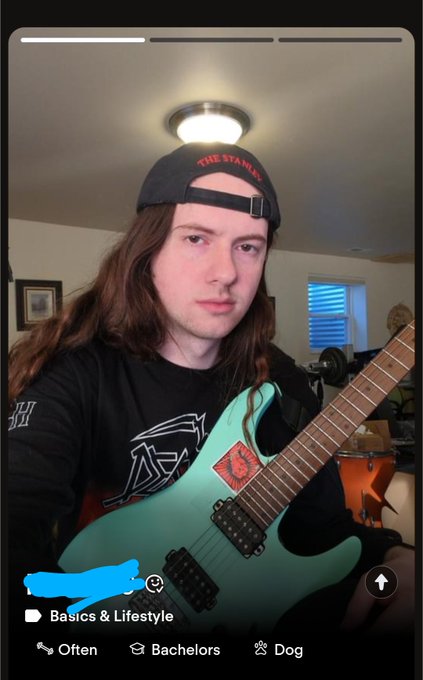 A young man with long hair, wearing a backward "THE STANLEY" cap and holding a teal electric guitar, is featured in a profile picture categorized as "Basics & Lifestyle," "Often," "Bachelors," and "Dog," with the guitar's upward angle visually relating to the "price moves vertical" theme in the accompanying text.