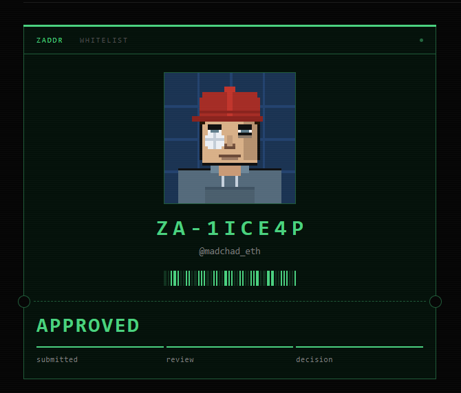 A digital screen displaying "ZA-1ICE4P" with a pixel art avatar, marked as "APPROVED" with the labels "ZADOR WHITELIST" and a progress bar showing the submission and decision stages.