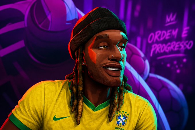A stylized digital illustration of a smiling man with dreadlocks wearing a Brazil national team soccer jersey and a black beanie, with 'ORDEM E PROGRESSO' graffiti in the background.