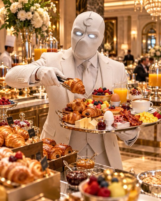 A masked figure in a white suit (resembling Moon Knight) serves a lavish breakfast spread at an opulent buffet, holding tongs and a tray of croissants, fruits, cheeses, and meats.