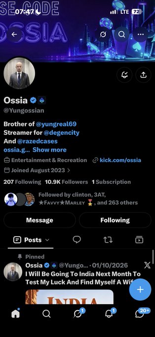 A Twitter/X profile page for Ossia (@Yungossian), a streamer and brother of @yunqreal69, noting he joined August 2023 and plans to travel to India next month.