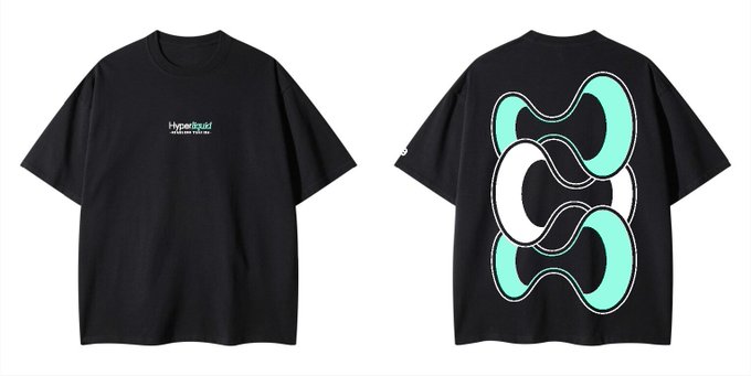 Two views of a black oversized t-shirt featuring "Hyperliquid" branding, with a small logo on the front and a large teal circular graphic on the back. The merch complements the post's promotion of "HyperMerch" for non-VIP fans of the Hyperliquid crypto platform.
