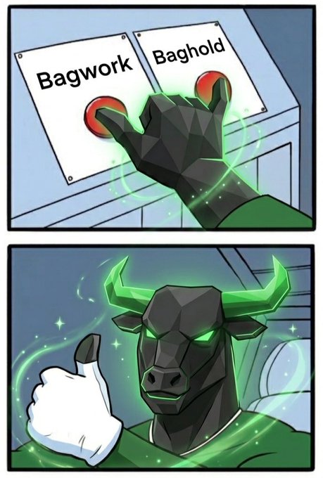 A two-panel comic where a gloved hand presses two red buttons labeled 'Bagwork' and 'Baghold', transforming into a glowing green horned bull character giving a thumbs-up.