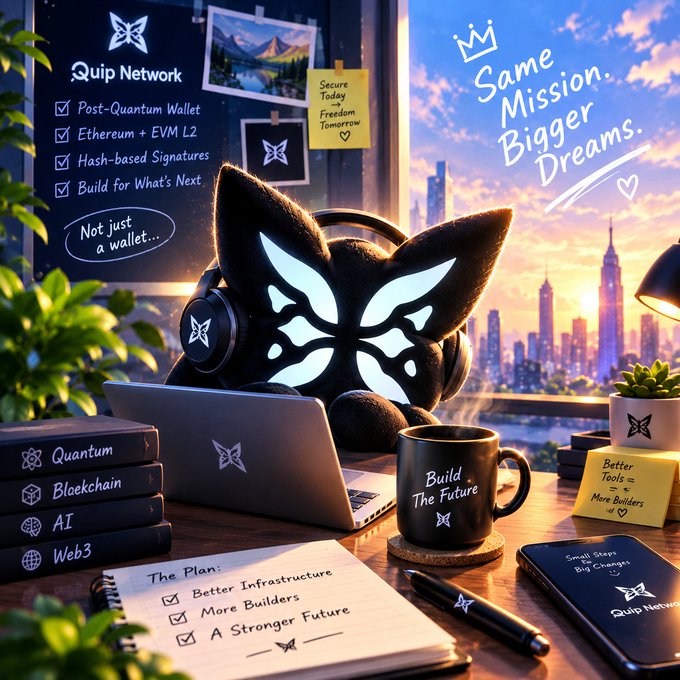 Promotional artwork for "Quip Network" featuring a stylized black cat character with glowing eyes at a desk, surrounded by text highlighting features like "Post-Quantum Wallet" and "Ethereum + EVM L2".