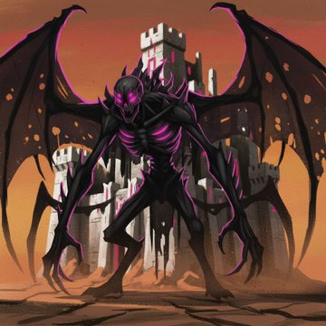 A digital artwork of a dark, winged demonic figure with glowing pink accents standing before a ruined city skyline.