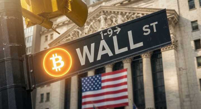 A street sign on Wall St features a Bitcoin logo, with a U.S. flag and classical building in the background. The image of Bitcoin's iconic symbol at the heart of Wall Street visually reinforces the post's message that Bitcoin ETFs are attracting significant capital inflows into the traditional financial hub.
