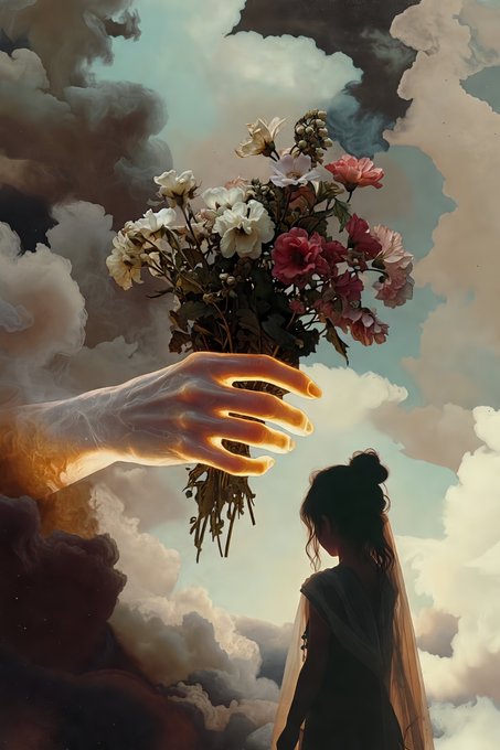 A dreamy, surreal painting shows a large glowing hand reaching through dramatic clouds to offer a bouquet of flowers to a woman with her hair in a bun, gazing upward.