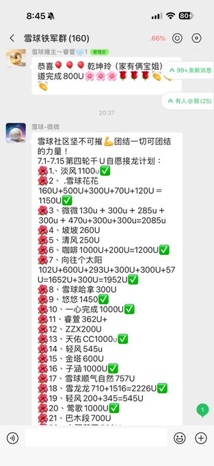 A WeChat group chat screenshot titled '雪球铁军群 (160)' showing a message listing a detailed contribution plan with names and U amounts (e.g., '1、须风 1100U', '2、雪球花花 160U+500U...'), with several entries marked completed by green checkmarks.