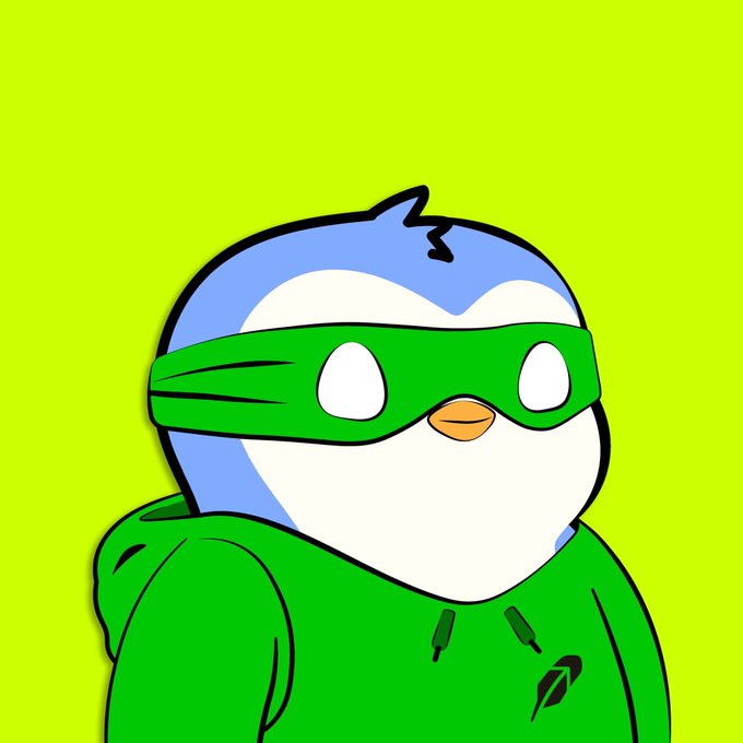 A cartoon illustration of a blue and white bird character wearing a green superhero mask and green hoodie against a bright yellow-green background.