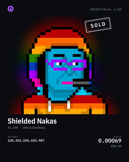 An NFT listing page showing a pixel-art character titled "Shielded Nakas" (#2,338) with blue skin, rainbow headphones, and pink glasses, marked as SOLD at a price of 0.00069.