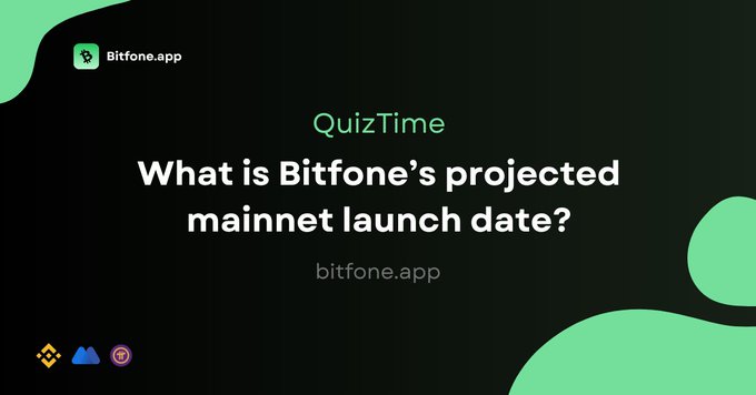 The image shows a banner for QuizTime, which is an online game that tests users' knowledge about Bitfone, a cryptocurrency platform. The banner has a green background with white text that reads "What is Bitfone's projected mainnet launch date?" and provides three options to choose from. There are also logos of other cryptocurrency platforms on the banner.