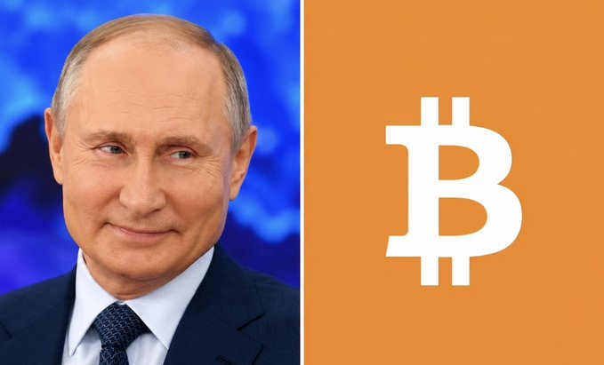 A split image shows Russian President Vladimir Putin on the left and the Bitcoin logo on the right, illustrating Russia's move to allow crypto trading.