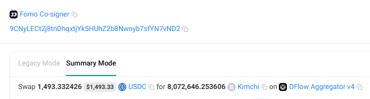 A transaction summary for Fomo Co-signer showing a swap of 1,493.33 USDC for 8,072,646.25 KIMCHI tokens via DFlow Aggregator v4 on Summary Mode.