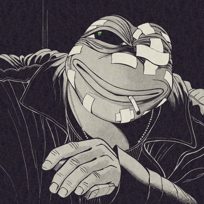 A detailed black and white illustration of a bandaged, reptilian character with a wide grin, a cigarette in its mouth, and green eyes, wearing a dark coat.