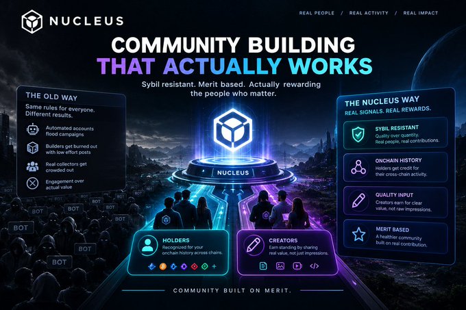A promotional image for 'NUCLEUS' featuring the headline 'COMMUNITY BUILDING THAT ACTUALLY WORKS' with sections contrasting 'THE OLD WAY' with 'THE NUCLEUS WAY' which highlights features such as Sybil Resistant, Onchain History, Quality Input, and Merit Based.