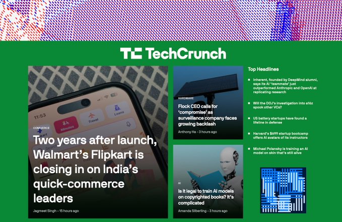 TechCrunch homepage featuring headlines about Walmart's Flipkart in India's quick-commerce market, Flock CEO comments, and AI training lawsuits.