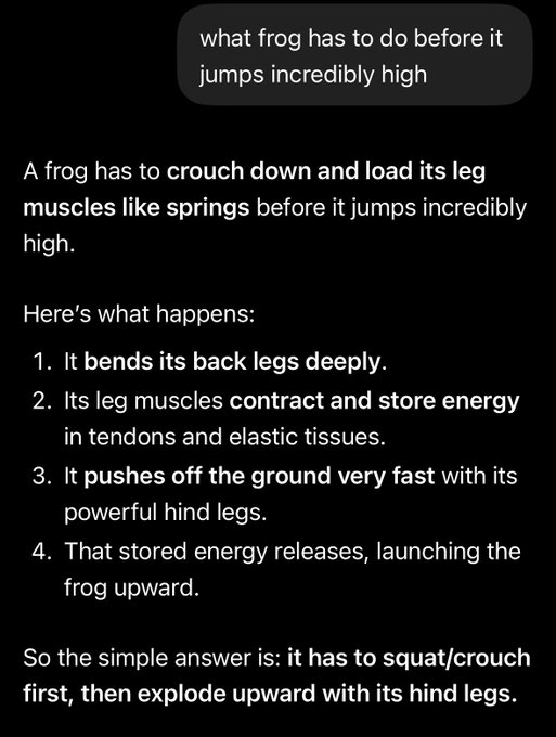 The image shows a screenshot of a text message conversation between two people, with one person asking about the frog's ability to jump high. The other person responds by providing information about the frog's leg muscles and their role in jumping.