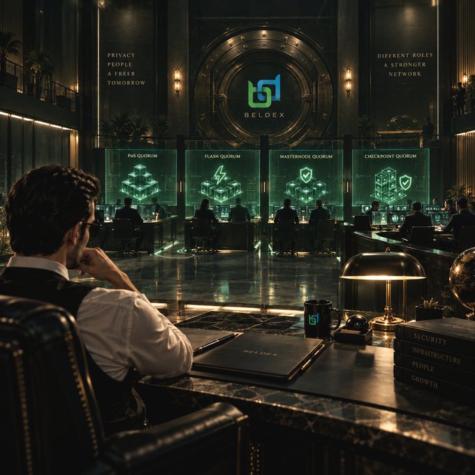 A man in a vest sits at a desk observing a high-tech control room labeled "BELDEX" with the motto "PRIVACY FOR PEOPLE A FREER TOMORROW" and "DIFFERENT ROLES A STRONGER NETWORK," featuring holographic displays for PVS, FLASH, MASTERNODE, and CHECKPOINT QUORUM.