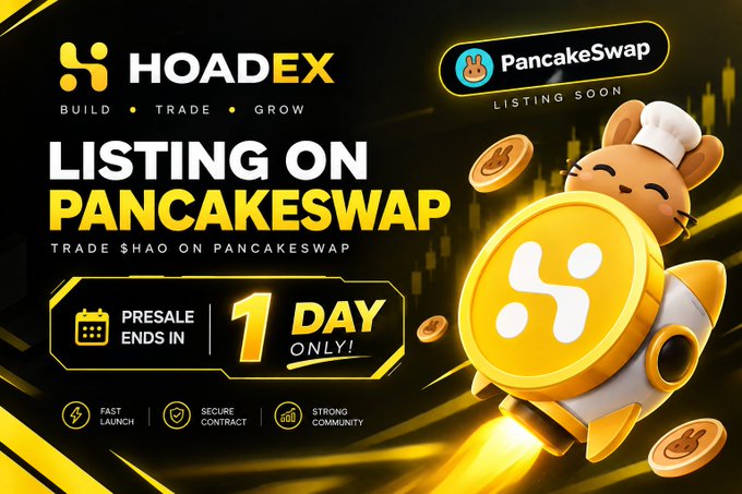 A promotional graphic for 'HOADEX' announces 'LISTING ON PANCAKESWAP' with 'PRESALE ENDS IN 1 DAY ONLY!', featuring a 3D cartoon bear mascot in a chef hat riding a rocket beside a PancakeSwap logo.