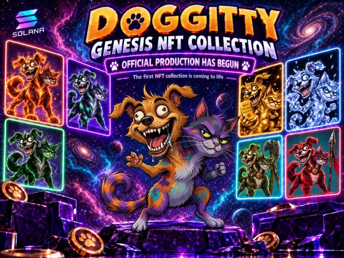 A promotional graphic for the 'DOGGITTY GENESIS NFT COLLECTION' on Solana features cartoon dog and cat characters, with text reading 'OFFICIAL PRODUCTION HAS BEGUN' and 'The first NFT collection is coming to life'.