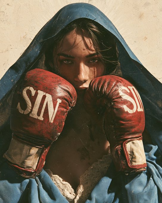 A dramatic portrait of a person wearing a blue hood and red boxing gloves that spell 'SIN', with a tear-like mark on their cheek.