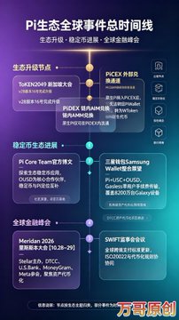 An infographic in Chinese titled 'Pi生态全球事件总时间线' (Pi Ecosystem Global Events Timeline) featuring a dark purple background with sections covering ecosystem upgrades (Token2049, PiDEX, PICESX), stablecoin milestones (Pi Core Team, USD, GBLC), and global summits (Meridian 2026 in Las Vegas, SWFT Blockchain Conference).