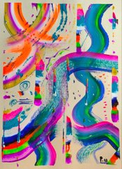 The image features a painting with a variety of colors, including blue, pink, green, orange, and yellow. The artwork has an abstract style that includes lines and curves, creating a sense of movement and energy. The painting appears to be done in watercolor or tempera, as it is described as having "watery" characteristics. The artist's signature can also be seen at the bottom right corner of the image.