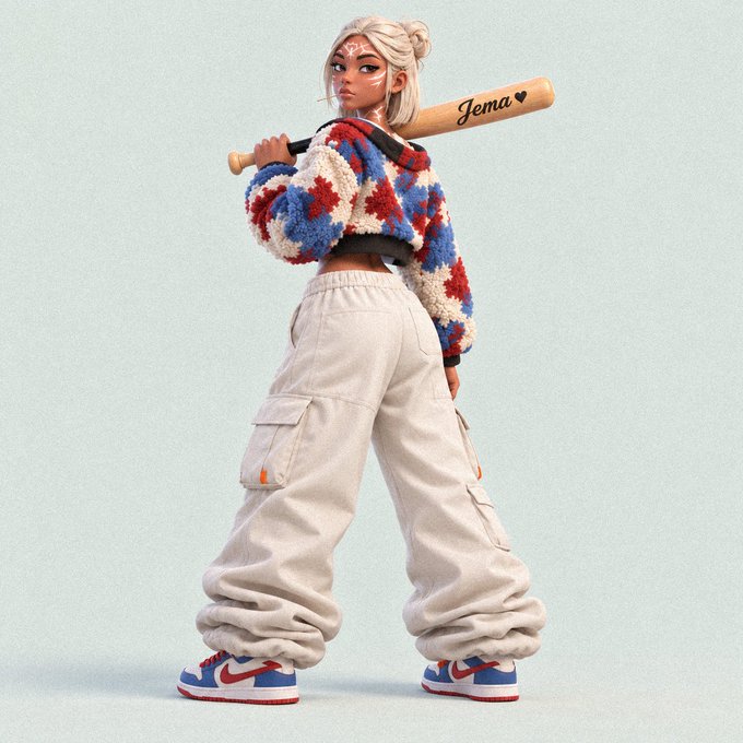 A 3D-rendered character with white hair in a bun holds a wooden baseball bat engraved with "Jema ♥", wearing a chunky red, white, and blue star-patterned cropped cardigan with beige cargo pants and red-white-blue sneakers.