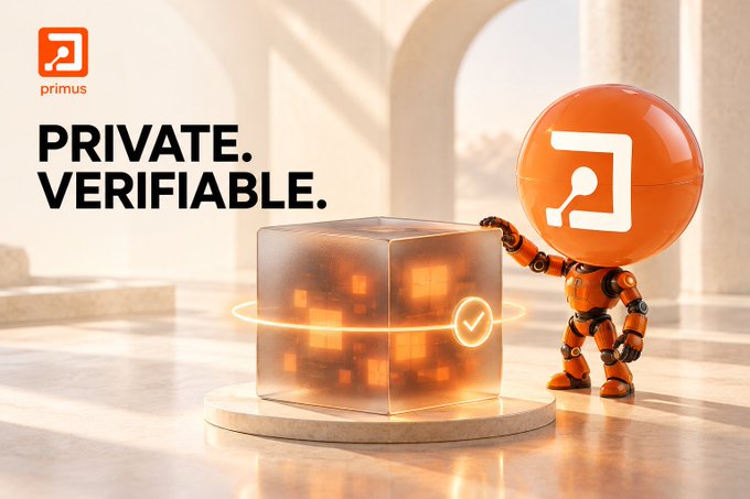 Advertisement showing an orange robot next to a glowing cube with a checkmark, with text reading "PRIVATE. VERIFIABLE." and the "primus" logo.