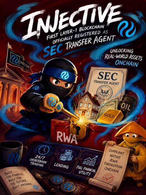 Promotional graphic for Injective blockchain declaring it the 'FIRST LAYER-1 BLOCKCHAIN OFFICIALLY REGISTERED AS SEC TRANSFER AGENT,' featuring a cartoon ninja and turtle mascots unlocking real-world assets like gold, oil, and treasury onchain.
