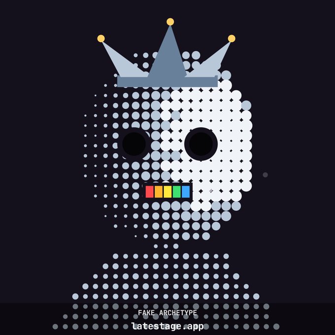 A digital art piece depicting a stylized skull with a crown made of halftone dots, with text reading 'FAKE ARCHETYPE' and 'latestage.app' at the bottom.
