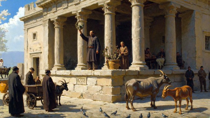 A classical painting depicting a man in robes holding up a jug on the steps of an ornate stone building with columns, while other figures and livestock (goats, a cow) gather below.