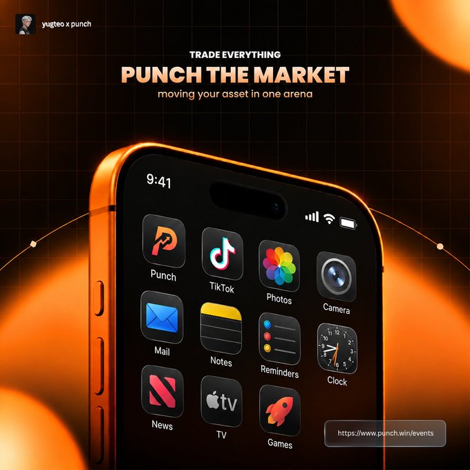 A promotional graphic features a smartphone displaying various app icons including 'Punch', 'TikTok', and 'Photos', with the text 'TRADE EVERYTHING PUNCH THE MARKET moving your asset in one arena' and the username 'yugteo x punch'.