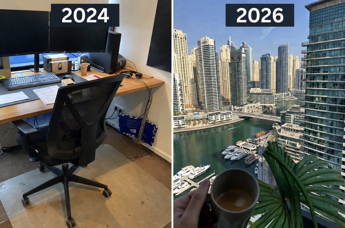 A split image labeled "2024" and "2026" contrasts a cluttered desk setup with an office chair against a luxurious marina view featuring skyscrapers, yachts, and a person holding a coffee mug, visually illustrating the post's claim of transitioning from a traditional 9-to-5 job to a dream lifestyle through crypto investing.