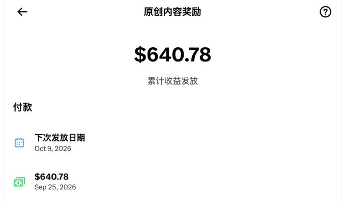 A mobile app screenshot showing '原创内容奖励' (Original Content Rewards) with a total payout of $640.78 and a payment date of Sep 25, 2026.
