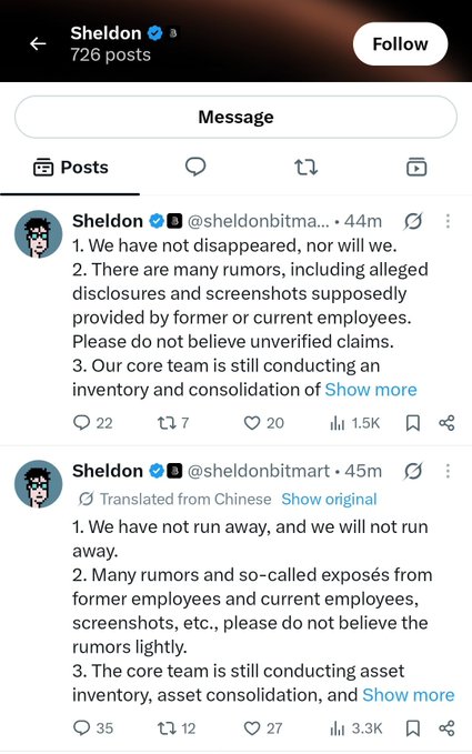 Screenshots of two tweets from the verified account 'Sheldon' (@sheldonbitmart), addressing rumors and stating that their core team is conducting an inventory and asset consolidation, with engagement metrics showing 1.5K and 3.3K views.