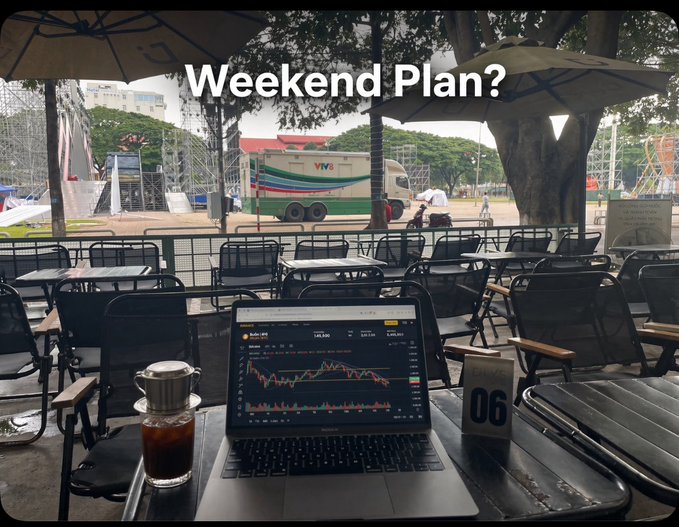 A laptop displaying a trading chart sits on an outdoor café table near empty chairs, with an overlay asking "Weekend Plan?". The image illustrates a trader's workspace, visually connecting to the post's discussion about market sideways movement and planning for the upcoming week.