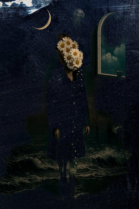 A surreal, dark, and textured digital artwork showing a figure composed of a dark coat with a bouquet of daisies for a head, standing before a window with a night sky containing a crescent moon and a jellyfish.