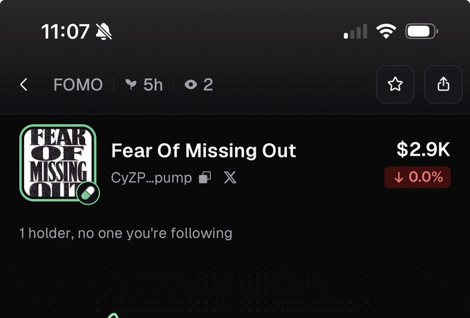A phone screenshot displaying a cryptocurrency/token called "Fear Of Missing Out" (FOMO) on CyZP...pump with a market cap of $2.9K and showing 1 holder.