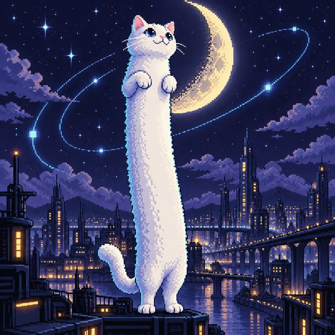 Pixel art illustration of a tall, elongated white cat standing on its hind legs atop a building rooftop, with a crescent moon and starry night sky over a glowing cityscape below.