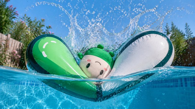 A cute green and white plush toy with a smiling face splashes into a swimming pool under bright blue skies.