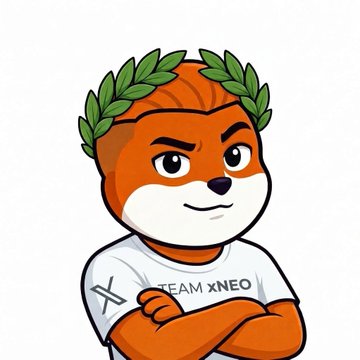 A cartoon mascot of an orange fox or similar animal wearing a laurel wreath and a white t-shirt that reads 'TEAM xNEO', standing with its arms crossed confidently.